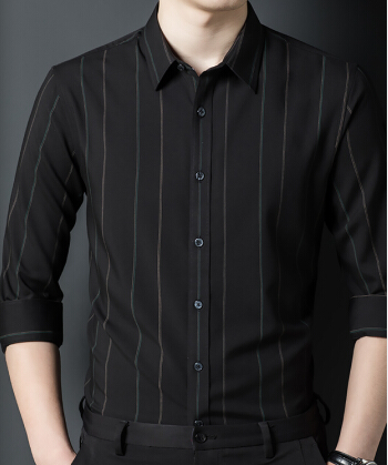 高端男士秋季长袖衬衫休闲气质时尚丝滑透气衬衣黑色