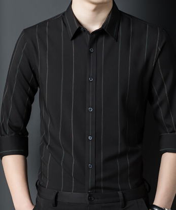 高端男士秋季长袖衬衫休闲气质时尚丝滑透气衬衣 黑色