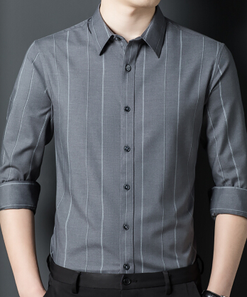高端男士秋季长袖衬衫休闲气质时尚丝滑透气衬衣 灰色